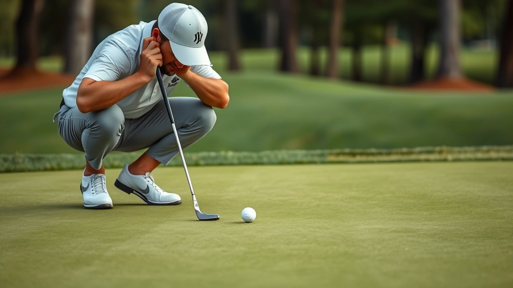 Golfer crouching to read the green on a putting surface, analyzing slope and grain with focused concentration before attempting a crucial putt
