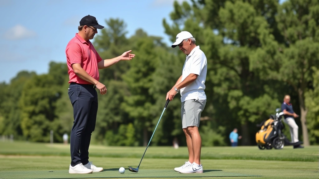 Golf instructor teaching a student proper stance and alignment at a driving range, with student holding golf club in correct position while instructor gestures instruction