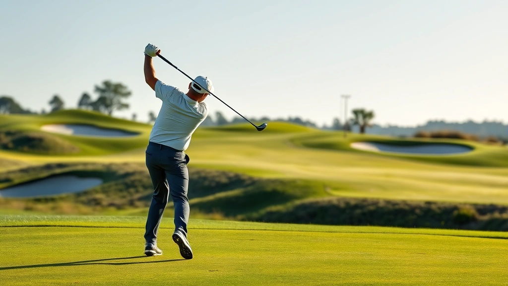Professional golfer mid-swing on manicured fairway with bunkers visible in background, natural lighting, serene golf course landscape