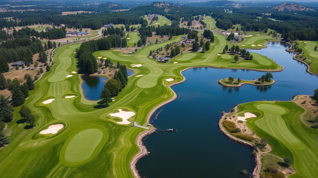 Aerial drone view of an expertly designed golf course showing multiple holes with strategic water features, bunkers, and fairway routing through natural landscape with trees and elevation changes
