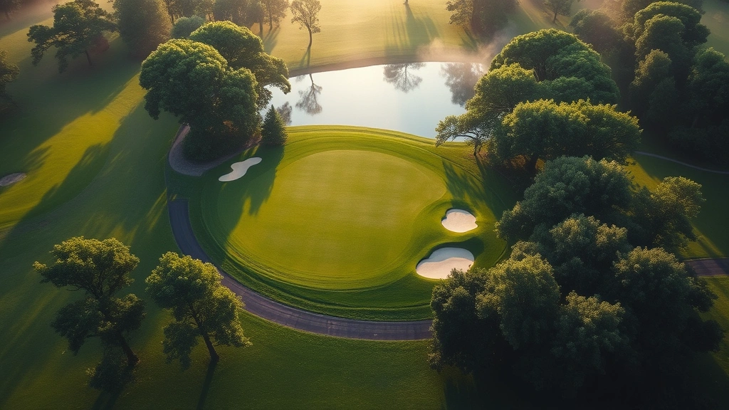Aerial view of pristine golf course hole with water hazard, mature trees framing green, morning mist, lush turf conditions