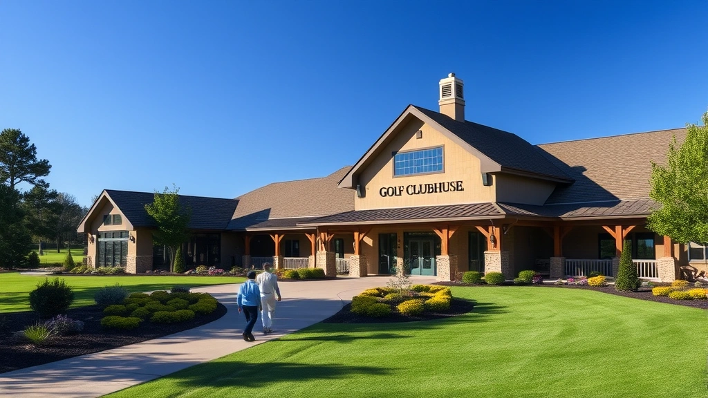 Golf course clubhouse exterior with welcoming entrance, professional landscaping, clear blue sky, golfers walking toward building