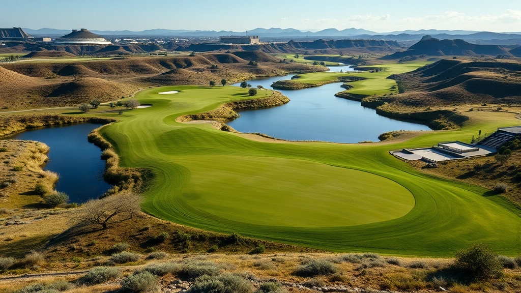 Wide landscape shot of a championship golf hole featuring dramatic terrain, water hazards, multiple tee boxes, and championship-quality fairway conditioning with gallery viewing areas visible