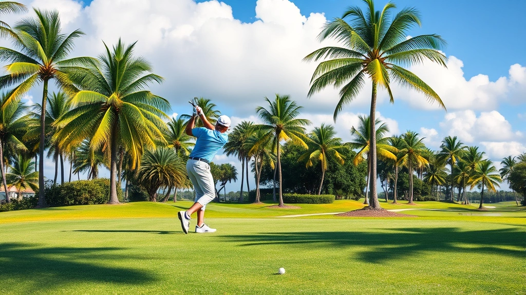 Golfer in vibrant tropical setting hitting shot on perfectly manicured fairway with palm trees and blue sky, professional golfer mid-swing at premium course