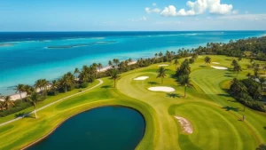 Aerial view of lush tropical golf course with turquoise water hazards and palm trees, golfers walking fairway under bright Miami sunshine