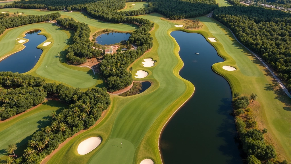 Aerial view of sprawling Miami golf course with water features, sand bunkers, and lush green fairways surrounded by native vegetation and trees