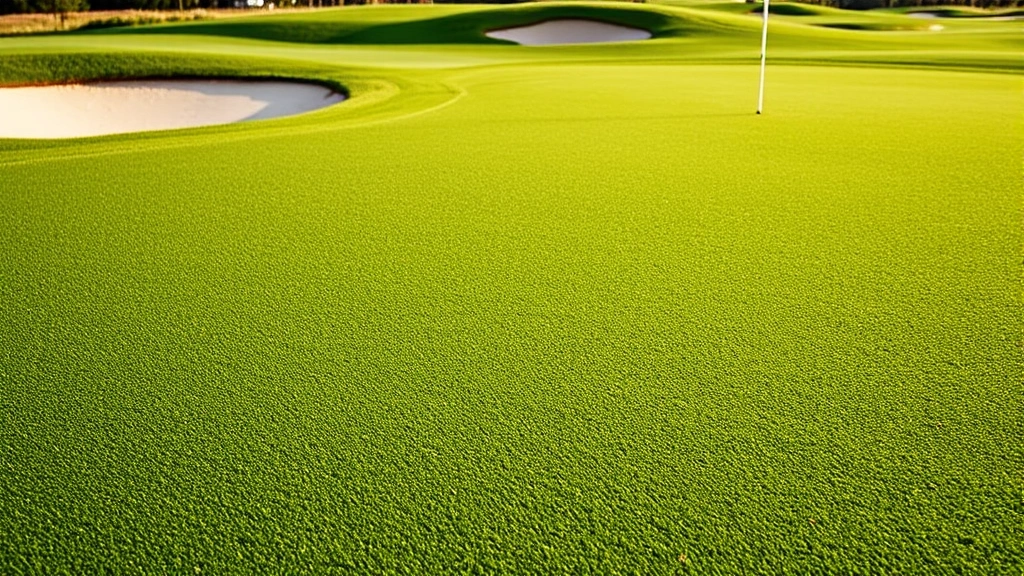 Close-up of pristine golf green with flag and sand bunkers, showcasing immaculate course conditioning and professional maintenance standards