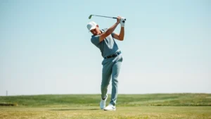 Professional golfer mid-swing on practice range with clear blue sky, showing proper form and athletic movement, focused concentration visible in posture and positioning