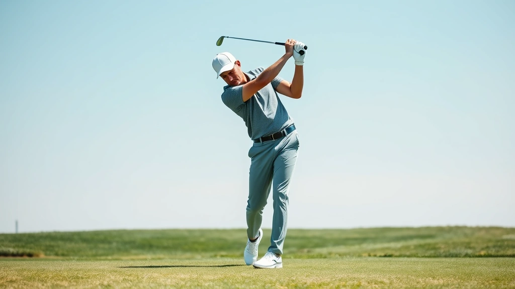 Professional golfer mid-swing on practice range with clear blue sky, showing proper form and athletic movement, focused concentration visible in posture and positioning