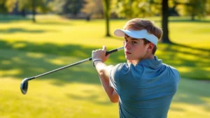 Young student golfer mid-swing on lush fairway, focused expression, morning sunlight, professional golf course setting with trees and manicured grass in background