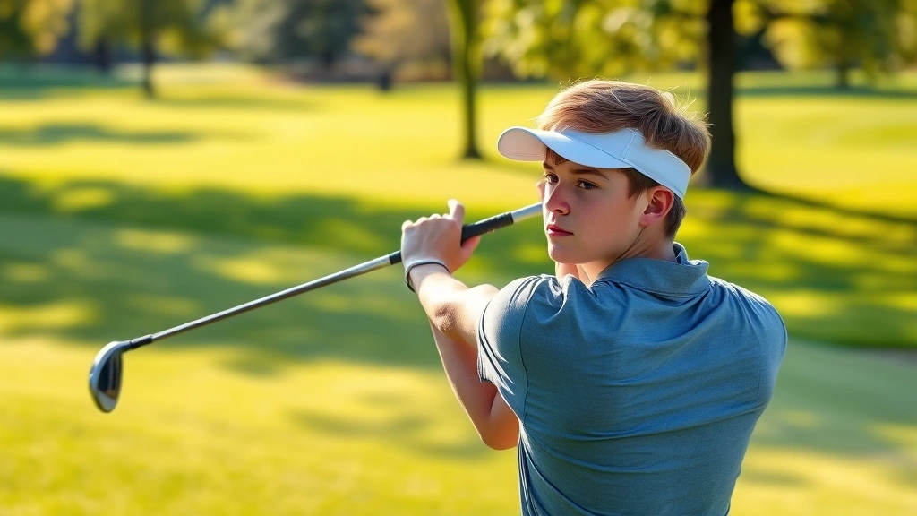 Young student golfer mid-swing on lush fairway, focused expression, morning sunlight, professional golf course setting with trees and manicured grass in background