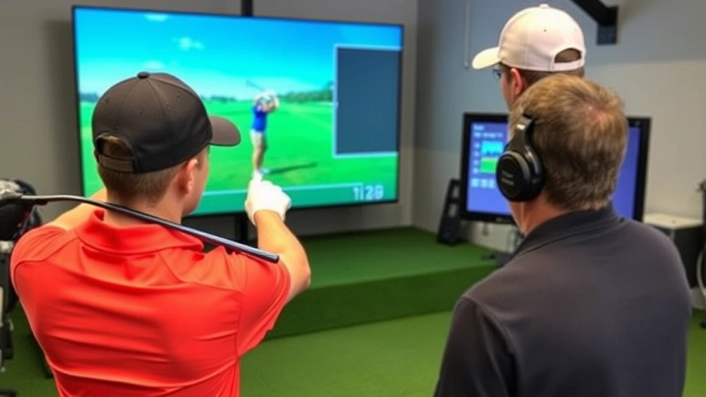 Golfer analyzing swing mechanics using video technology at indoor facility, reviewing digital footage on screen with instructor, studying movement patterns in slow motion