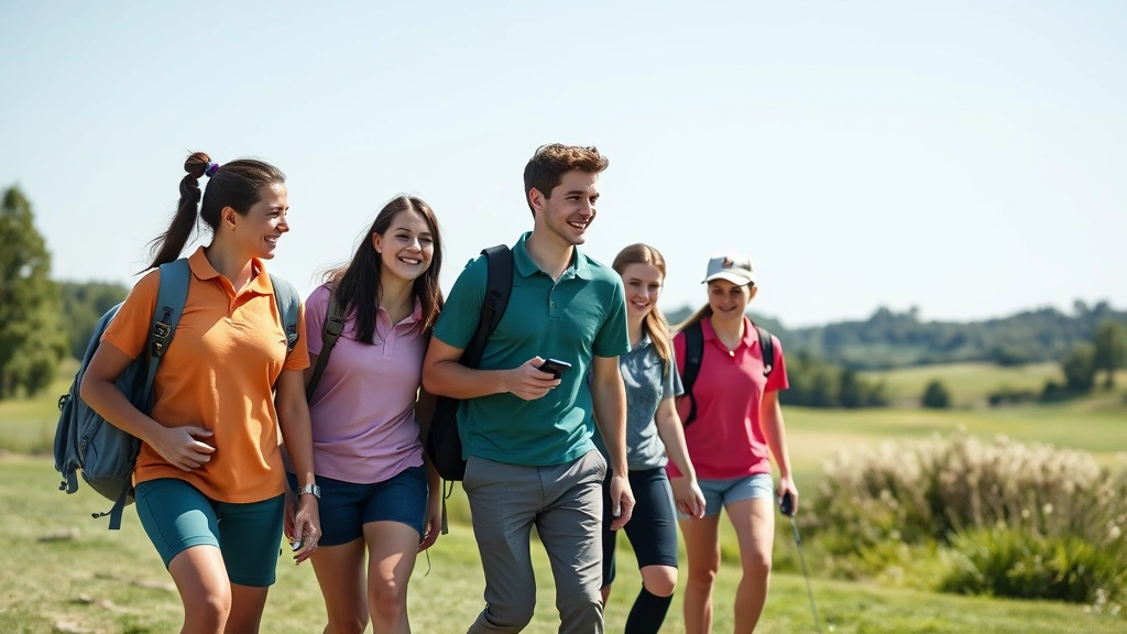 Diverse group of students walking between holes on golf course, discussing strategy, smiling, natural outdoor learning environment, clear blue sky and green landscape