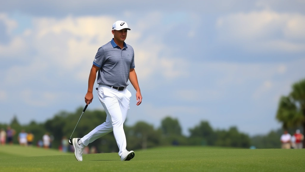 Competitive golfer walking fairway during tournament round, strategically assessing course conditions and planning next shot, confident body language and professional attire visible