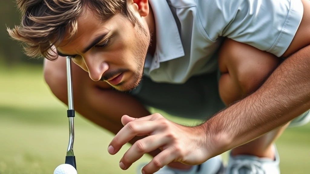 Close-up of golfer analyzing putting green, crouching down to read terrain, concentrated thoughtful expression, demonstrating problem-solving and strategic planning