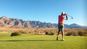 Golfer mid-swing on desert fairway with mountains in background, natural lighting, professional golfer in action pose, clear blue sky, natural desert landscape with native vegetation