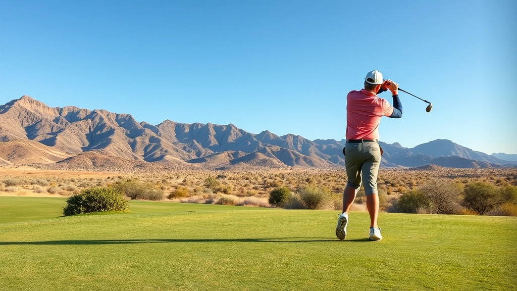 Golfer mid-swing on desert fairway with mountains in background, natural lighting, professional golfer in action pose, clear blue sky, natural desert landscape with native vegetation
