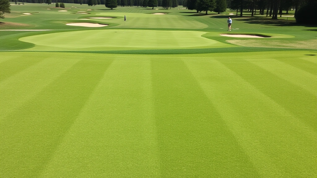 Well-maintained golf course putting green with intricate contours and bunkers visible in distance, pristine condition, professional grounds crew visible, natural landscape
