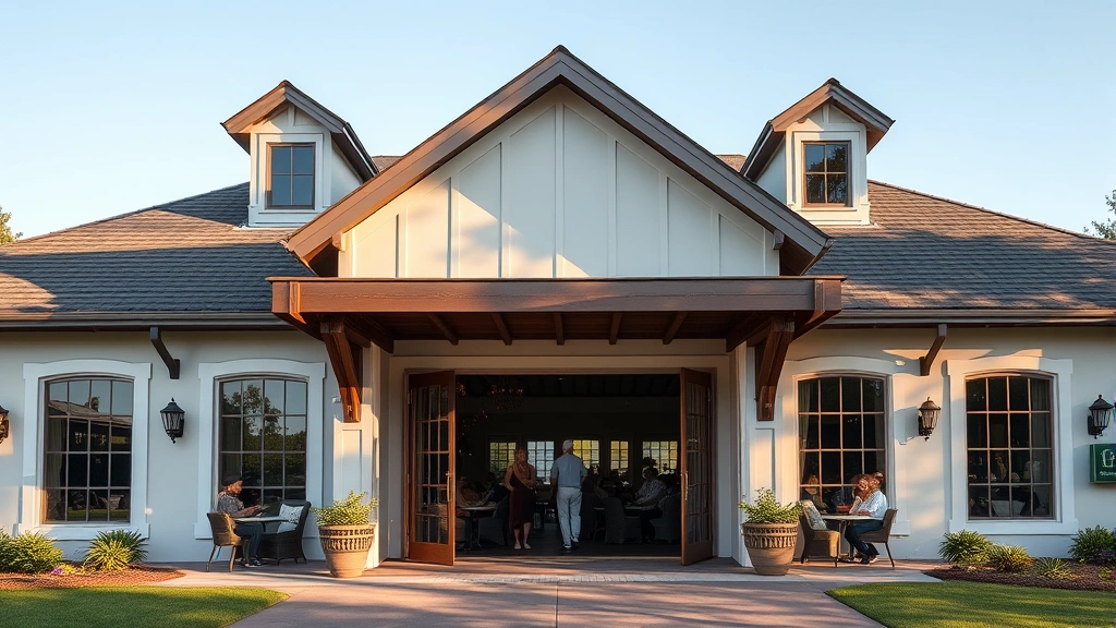 Upscale golf clubhouse exterior with welcoming entrance, comfortable seating visible through windows, members gathering socially, elegant architecture, afternoon natural lighting