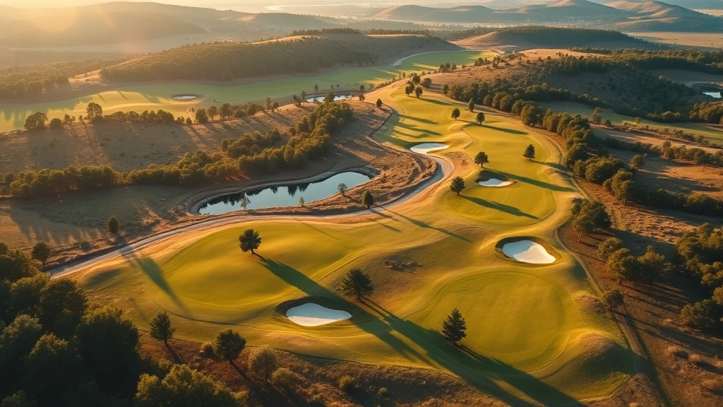 Aerial view of a golf course fairway winding through natural landscape with trees, water features, and rolling terrain during golden hour, photorealistic landscape photography