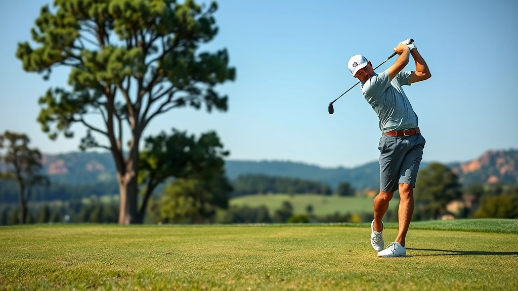 Golfer executing full swing on fairway with beautiful natural landscape background, athletic form, clear day