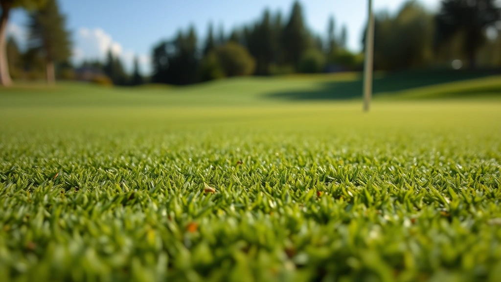 Close-up of a manicured putting green with subtle contours and natural surroundings, showing professional turf quality and strategic hole design, photorealistic sports photography