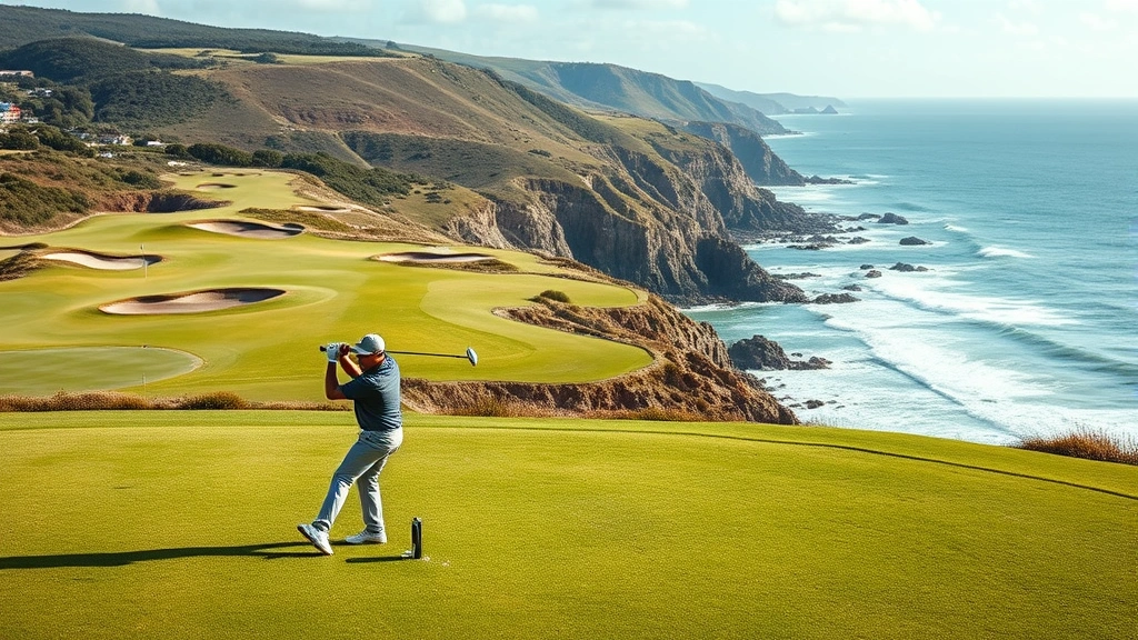 Professional golfer executing precise iron shot from fairway on coastal golf course with ocean view, elevated terrain, and strategic bunkers visible in background