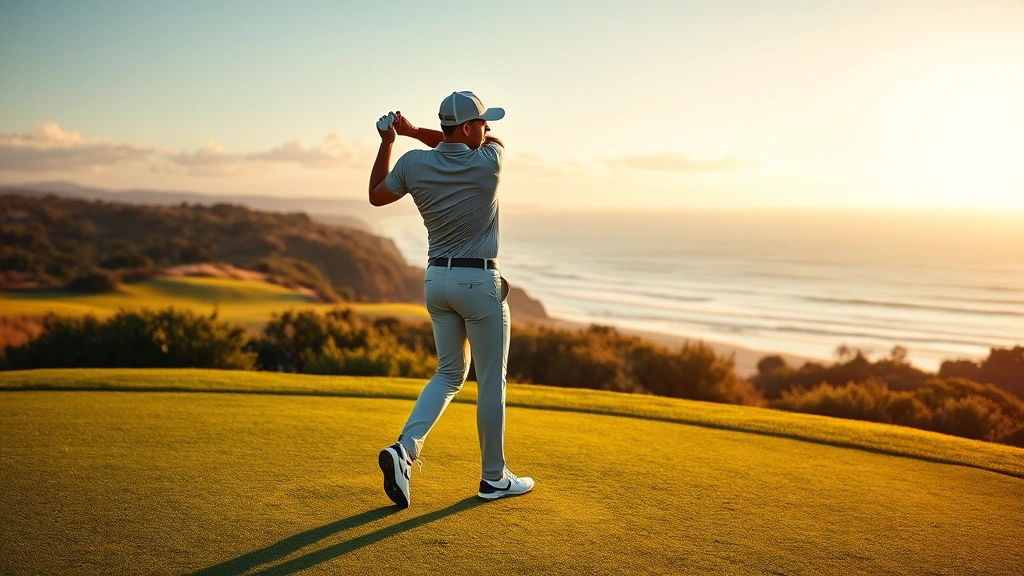 Professional golfer mid-swing on lush fairway with ocean view in background, demonstrating proper stance and posture form, golden sunlight, high-quality photography