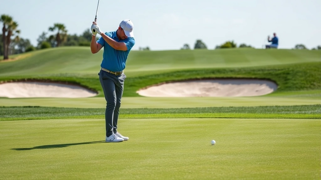 Golfer chipping near green with precise form, demonstrating short game technique, manicured course with sand bunker visible, professional instruction setting