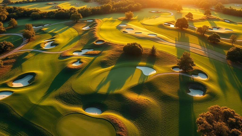 Aerial view of a well-maintained 18-hole golf course with manicured greens, fairways, and bunkers during golden hour sunlight, showing the geometric precision of course layout and landscaping design