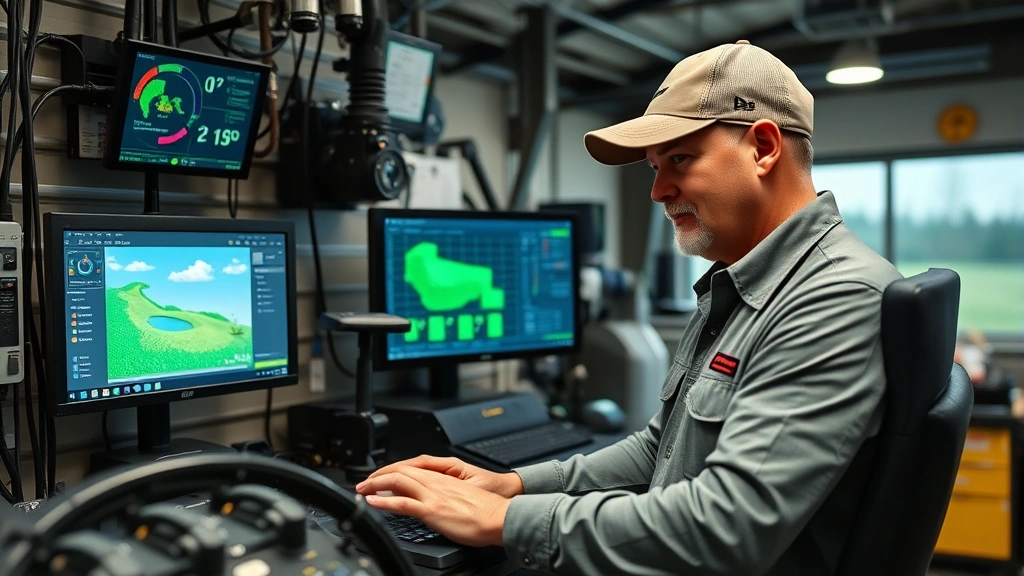 Close-up of a professional golf course superintendent operating advanced irrigation control equipment in a maintenance facility, with weather monitoring displays and management software visible on computer screens