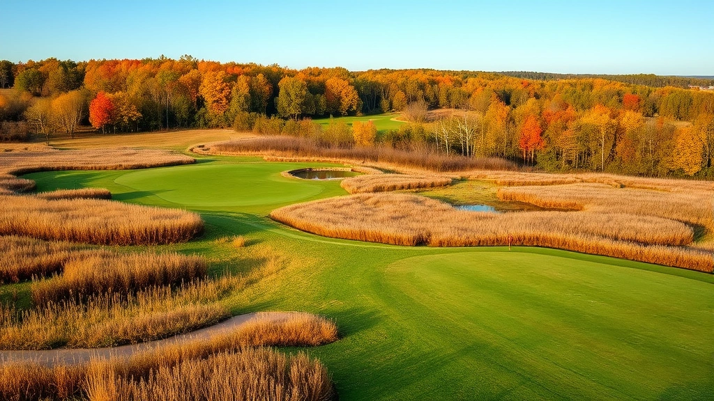 Wide landscape shot of a Wisconsin golf course during autumn transition, showing native prairie restoration areas alongside traditional play corridors, with colorful fall foliage in the background