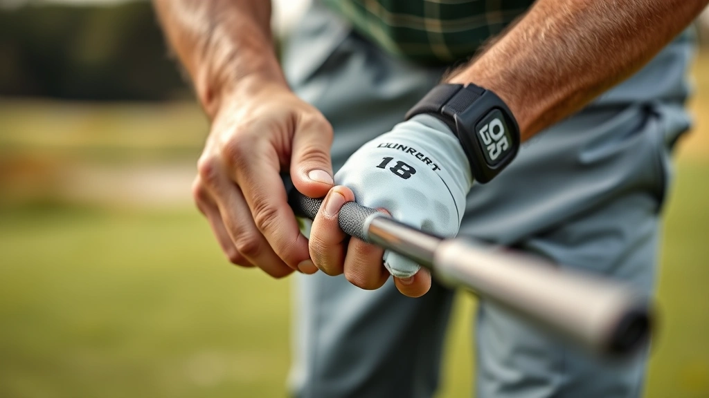 Professional golfer demonstrating proper grip technique on golf club, hands close-up showing finger positioning and grip pressure, outdoor golf course background blurred softly