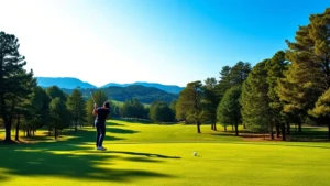 Professional golfer addressing ball on lush fairway with mature trees framing scenic golf course landscape under clear sky