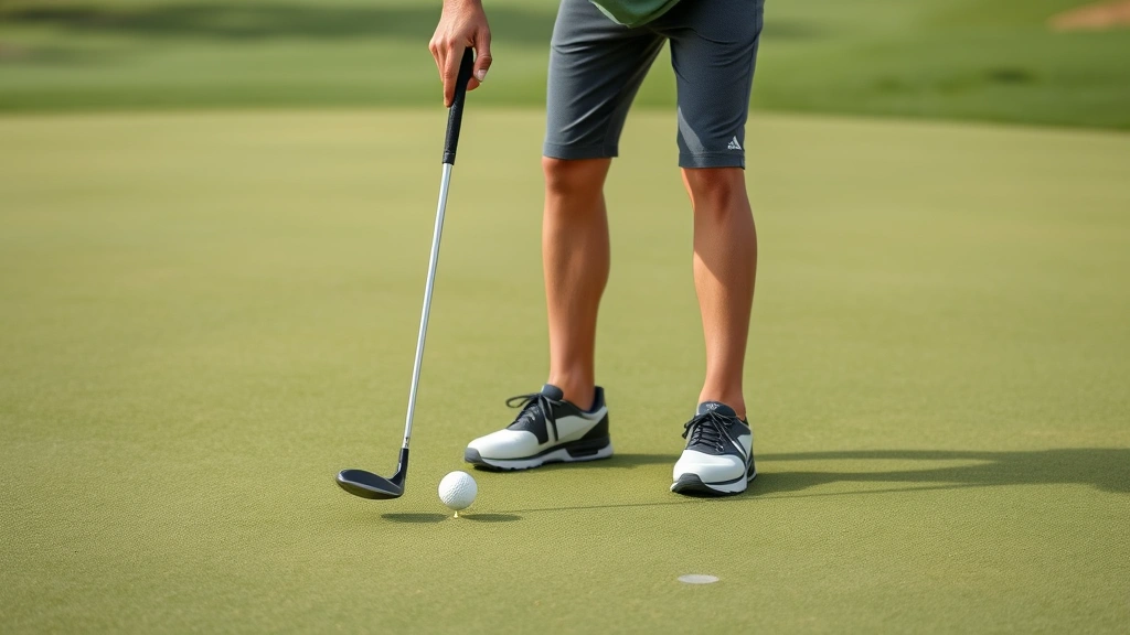 Golfer practicing short game on putting green, concentrating on putt with ball and hole visible, demonstrating proper putting stance and alignment