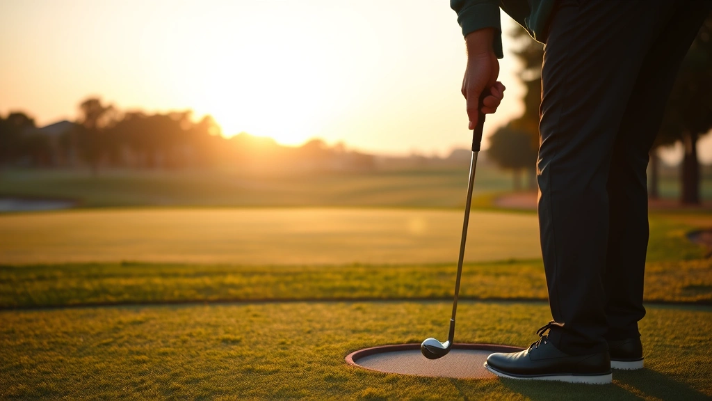 Professional golfer addressing ball on tee box at sunrise, focused posture, manicured fairway visible, natural lighting emphasizing concentration