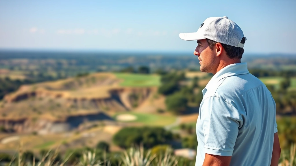 Professional golfer analyzing course layout from elevated vantage point, studying terrain and hazard placement, wearing polo shirt and cap, focused expression, daytime golf course setting