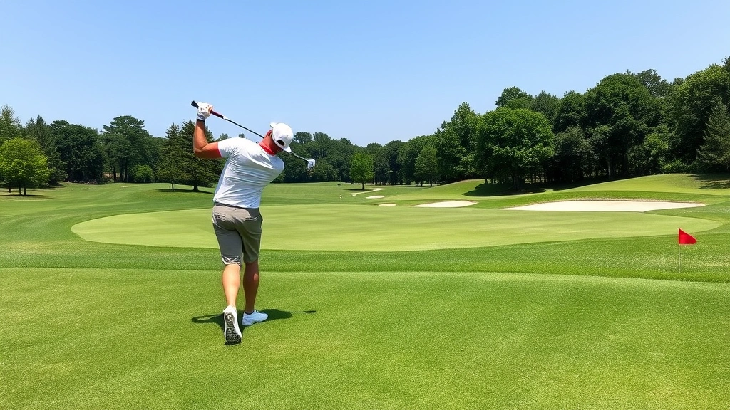 Golfer executing chip shot from fairway near green, mid-swing motion showing precision technique, lush green surroundings, clear sky background