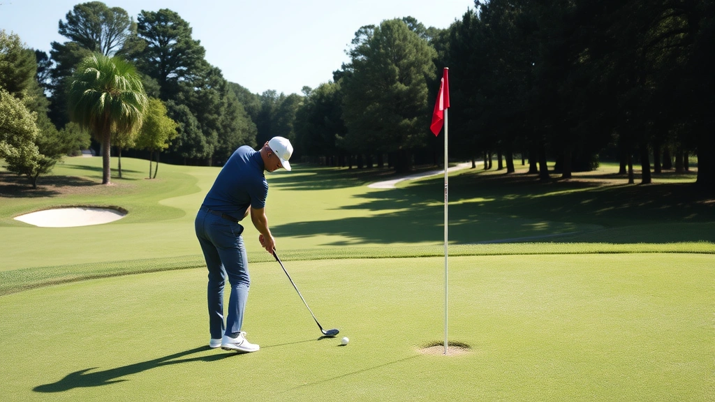 Golfer practicing short-game shots near green, hitting chip shots toward flag, manicured fairway and rough visible, sunny conditions, demonstrating precision technique
