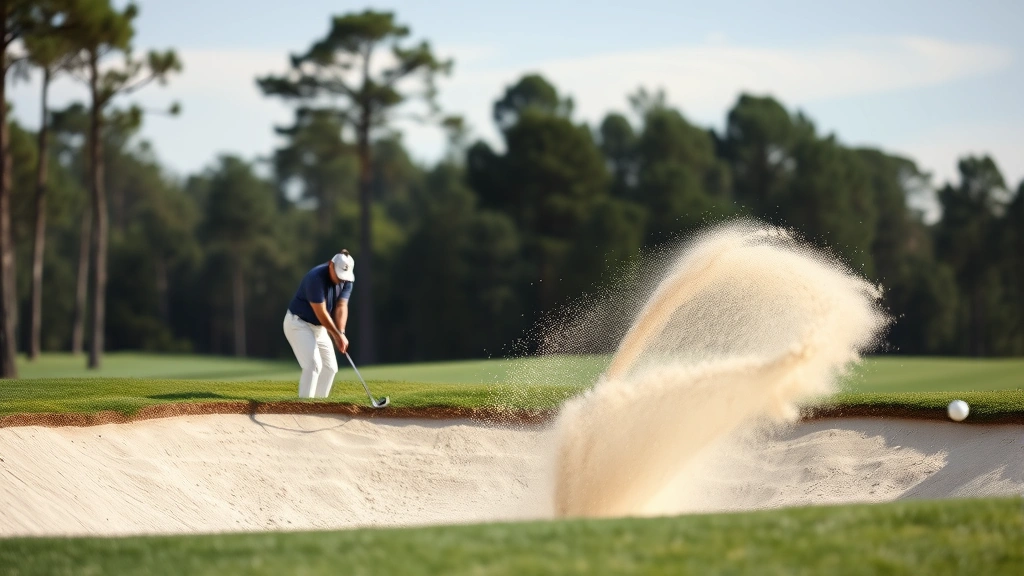 Golfer in bunker hitting sand shot with controlled form, sand spray visible, focus on technique and execution, natural course setting with trees