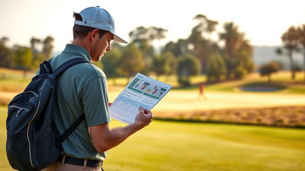 Golfer walking fairway reviewing scorecard and strategy notes, studying next hole layout, natural lighting, course trees and landscape features visible, contemplative strategic planning moment