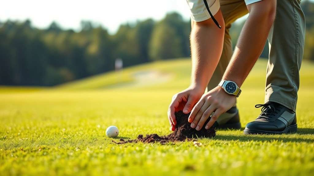 Professional golf course superintendent inspecting pristine green grass on a golf course fairway, checking soil and turf quality with hands, morning sunlight, realistic professional setting