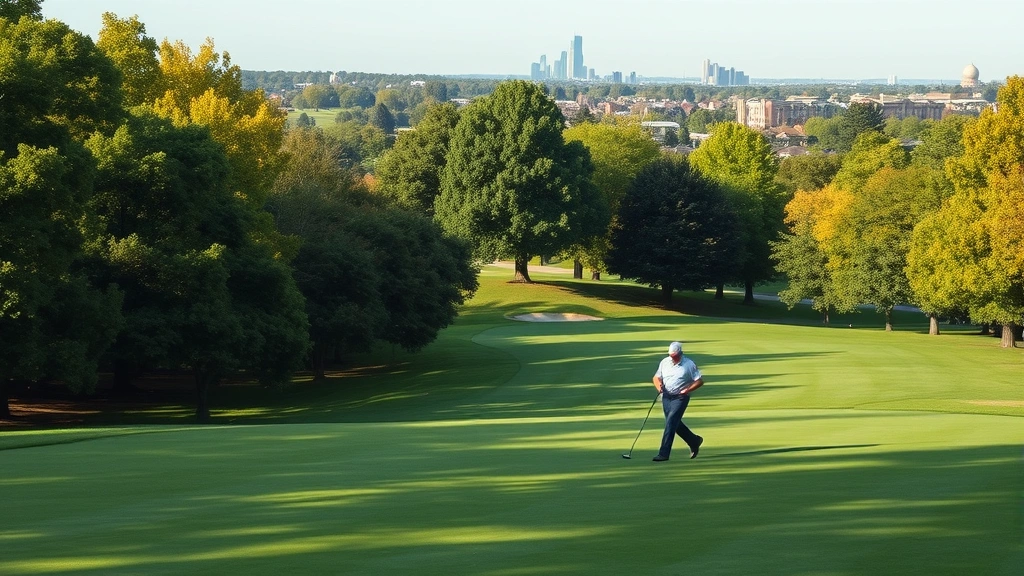 Golfers walking across manicured fairway with trees lining the course on a sunny day, natural lighting, Chicago suburban landscape in background