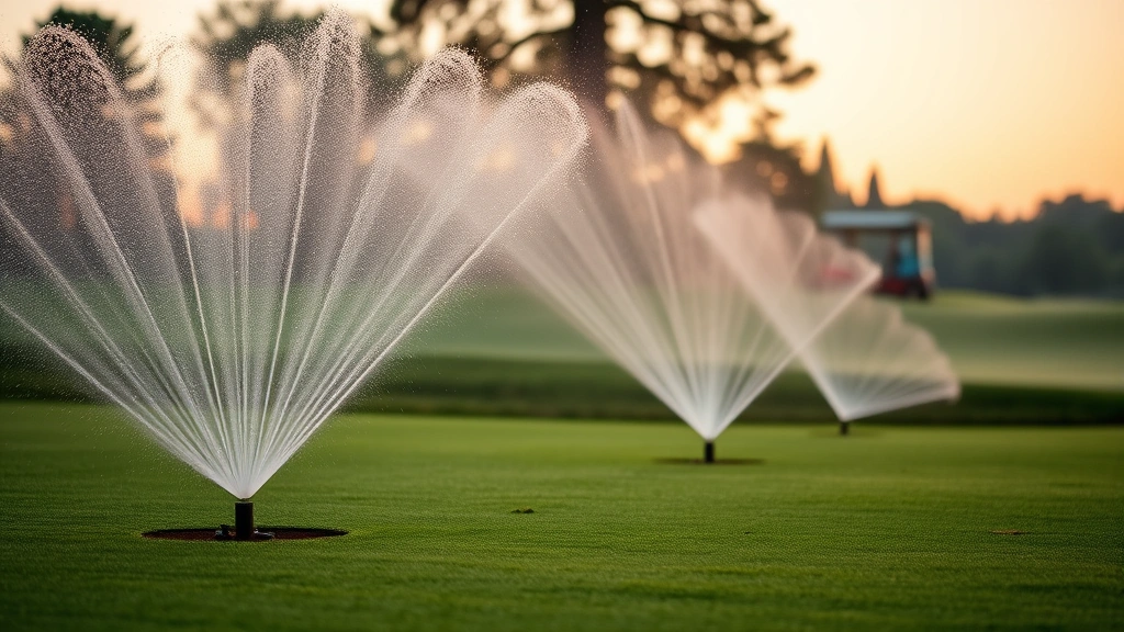 Modern irrigation system sprinklers watering manicured golf course fairway at dawn, water droplets visible, green healthy grass, professional maintenance equipment in background