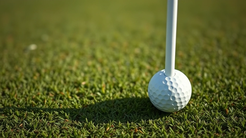 Close-up of golf ball on putting green with flag stick visible, showing green maintenance quality and condition, natural afternoon lighting