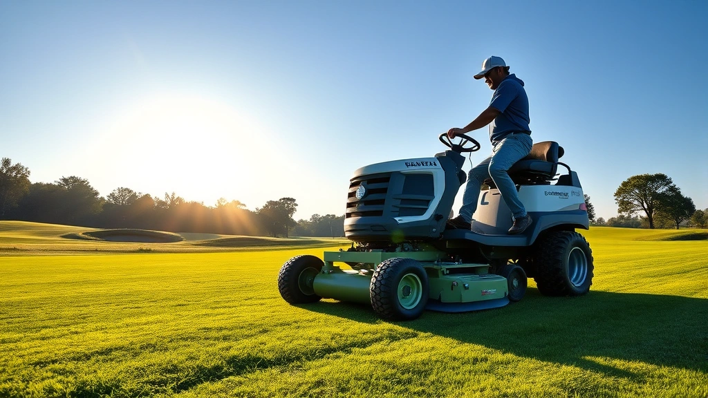 Golf course maintenance worker operating professional turf care equipment on fairway, morning sun, healthy vibrant grass, clear blue sky, professional course management