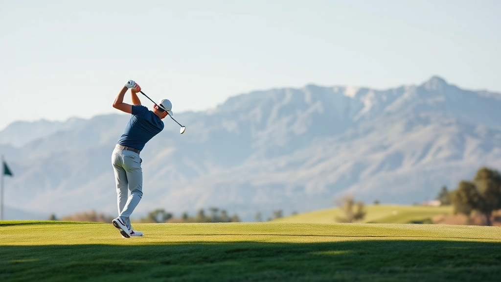 Golfer mid-swing on lush fairway with mountains in background, bright natural lighting, professional photography style, no people visible in background