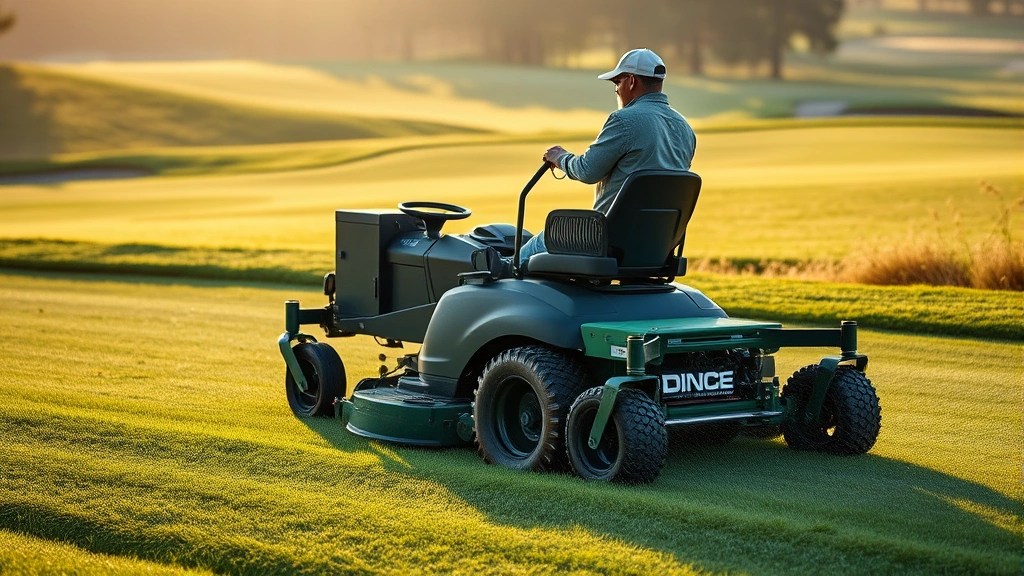 Professional golf course superintendent operating modern GPS-guided mowing equipment on a pristine fairway with morning dew, showing precision maintenance in action