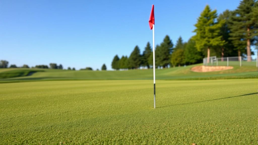 Well-maintained putting green with flag stick, manicured grass texture, morning dew visible, clear blue sky, professional golf course setting