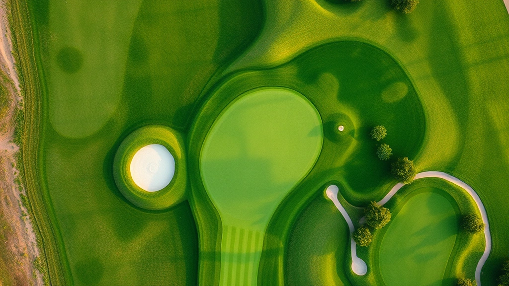 Aerial drone view of a well-maintained 18-hole golf course showing distinct fairways, greens, and rough areas with irrigation systems visible, demonstrating comprehensive course management